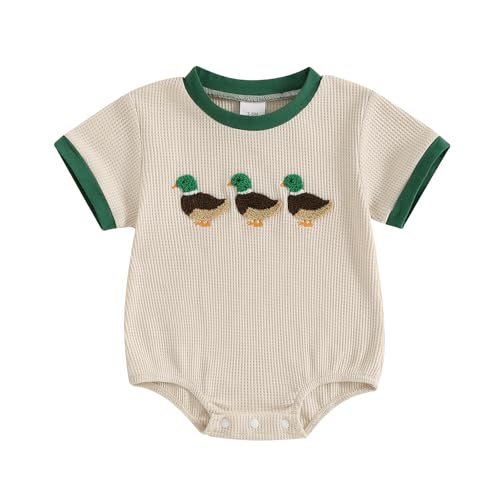 FIOMVA Baby Boy Girl Farm Outfit Embroidery Onesie Bubble Romper Short Sleeve Bodysuit Shirt Newborn Summer Clothes (Duck Beige, 0-3 Months)