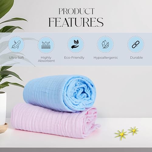 Image of Muslin Baby Bath Towel Newborns Super Soft High Absorbent Cotton 6 Layer Towel Infants Toddlers Kids Boys Girls (105 * 105 CM, Blue)