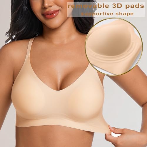 Image of PRETTYWELL Comfortable Bras, Seamless Wire Free Everyday Bras for A to D Cups, V Neck Soft and Light Basic Bras for Women