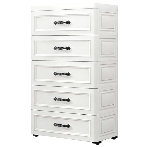 Beauenty Plastic Drawer Storage Cabinet 5 Layers Toys Clothes Storage Organizer with Wheels Storage Cabinet of Drawers for Living Room Bedroom Bathroom Kitchen (White-Large Drawer)