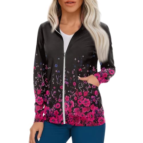 Scrub Jackets for Woman Zip Up Long Sleeve Tops Print Plus Size Womens Scrubs for Women Nursing Shirts with Pockets