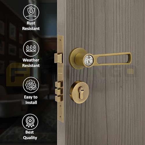 Image of Nice Mortise Door Handle Lock Set /Premium Zinc Alloy Door Handle with Locks /Heavy-Duty Main Door Handle with Lock for Home, Office & Hotel Doors - 3 Years Warranty - Brass Antique