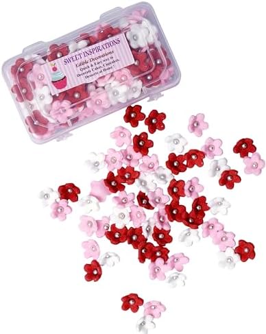 SWEET INSPIRATIONS Edible Cake Decoration Sprinkles Cupcake Toppers RED White Pink Flower- Small -80gm