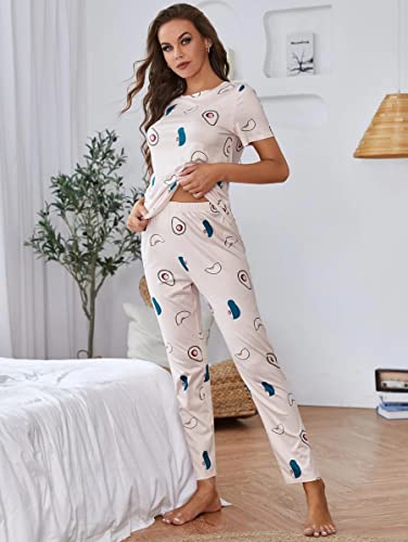 Image of SMOWKLY Polyester Blend Printed Round Neck Short Sleeve Nightsuit Set | Pajama Set | Night Dress for Women (1025 PCH 3XL) Off White