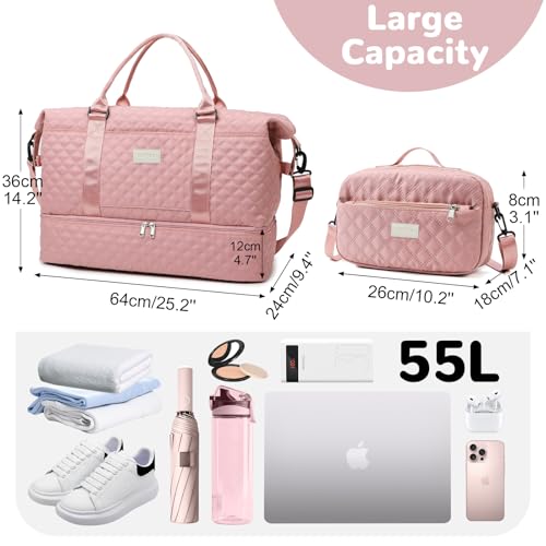 55L Quilted Travel Duffel Bag with Toiletry Bag for Women, Large Weekender Bag with Shoe Compartment, Pink2