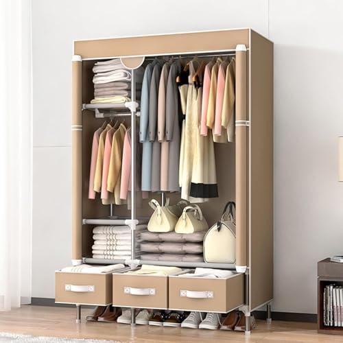 Armario portátil de tela con cajones de 75/90/112/130/150 x 45 x 170 cm, tela no tejida, organizador de almacenamiento para ropa y zapatos, elegante diseño gris/amarillo/marrón