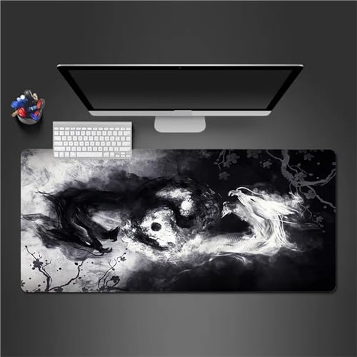 Tapis de souris de jeu finition bords cousus dragon blanc et noir élégant