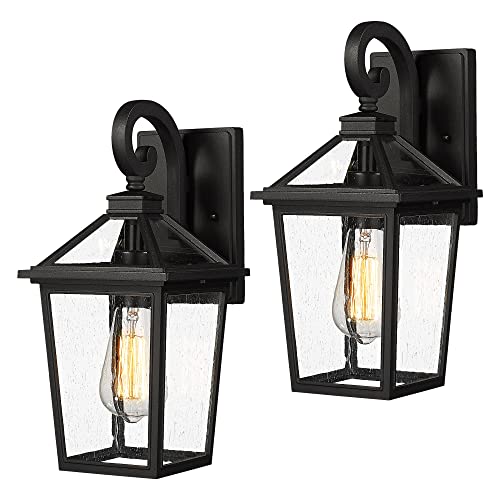 Image of zeyu 2 Pack Outdoor Wall Sconces 14 Inch, Modern Farmhouse Outside Wall Mount Light for Front Door Courtyard, Die-Cast Aluminum with Seeded Glass in Black Finish, ZX58B-2PK BK