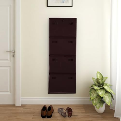 Image of Metal Shoe Rack Wall Mounted for Home with Central Locking | 4 Door 20 inch Wall Mounted Metal 8 Pair Shoe Rack Cabinet | Pre-Assembled Rack Shelves | 3 Year Warranty (Brown)
