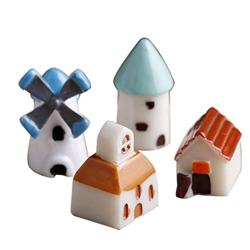 WFZ17 2/4Pcs Ornament,Resin Horse Turtle Windmill Miniature Dollhouse Ornament Garden Decor G (4pcs windmill house)