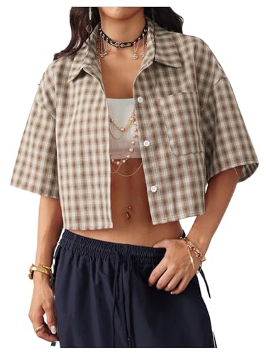 SOLY HUX Women's Button Down Vintage Plaid Shirts Short Sleeve Crop Blouses Preppy Clothes Rust Brown Small