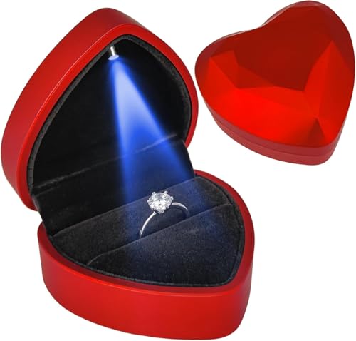 1PCS Heart Ring Box, Luxury Engagement Ring Box, Velvet Earrings Jewelry Case, Jewelry Display Box for Wedding, Engagement, Proposal and Anniversary (Red, One Size)