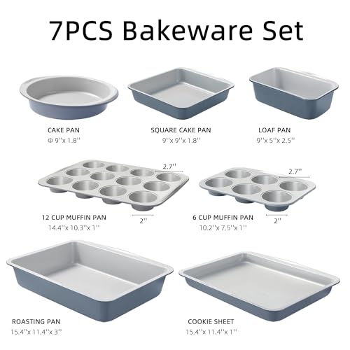 CAROTE 7-Piece Nonstick Stackable Baking Pans Set - Bakeware Sets Including Cookie Sheets for Baking, Muffin Pan, Bread Pan, Cake pan, Loaf Pan, Roasting Pan, Gray & Blue