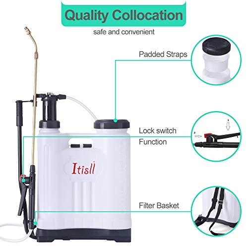 ITISLL 4 Gallon Backpack Sprayer, Leak-Free Pump Sprayer with Telescopic Brass Wand, Durable Polyethylene Wand and 4 Nozzles for Garden and Lawn 15liter (919NK15)