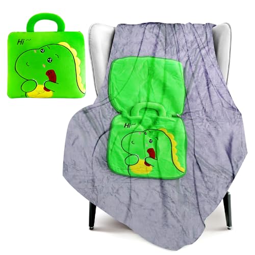 LKNBIF 2-in-1 Blanket and Pillow, Dinosaur Travel Pillow & Blanket Hand Ultralight Portable, Throw Blankets for Long Airline Flights Business trip and Office, Plane Car Camping (Green)