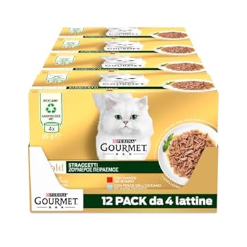 GOURMET Gold Cibo Umido per Gatti Adulti Straccetti con Manzo, Pollo, Pesce dell'Oceano e Salmone 48 Lattine da 85g
