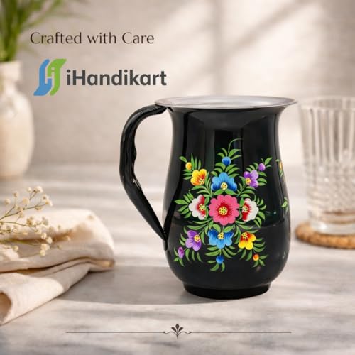 Image of iHandikart Handpainted Stainless Steel Water Jug | Black Floral Design Steel Pitcher for Water, Juice & Milk | Decorative Serving Jug for Kitchen, Dining & Home Decor | 8 x 6 Inch