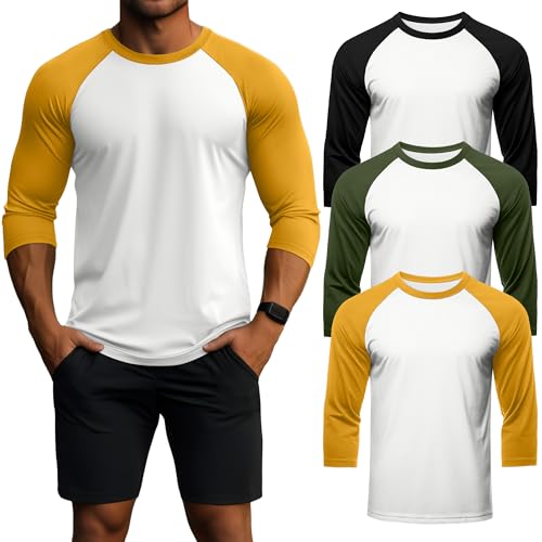 Geyoga Paquete De 3 Camisetas para Hombre De Manga 3/4, Cuello Redondo, Estilo...
