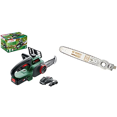 Bosch Tronçonneuse sans Fil - Universal Chain 18 (Livrée avec 1 Batterie 18v - 2,5ah, Huile 80 Ml, Système 18v, Longueur de Guide: 20cm) Vert & 2609256D86 Lame de scie NanoBlade Bois Speed 65, Gris Cover