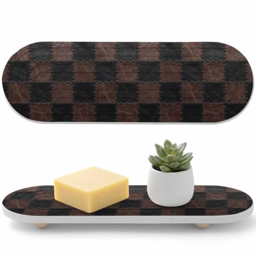 Water Absorbing Stone Drying Tray for Bathroom Sink 2 Pack Brown Black Wood Grain Diatomite Coasters Quick Dry Stone Mat with Wooden Feet Patchwork Checkerboard Drying Mat for Kitchen Counter 12"x4"