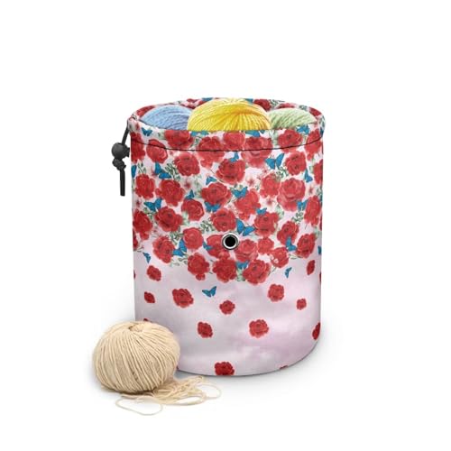 Image of Sellikakes Yarn Organizer Crochet Storage Bag, Rose Butterfly Portable Knitting Storage Bag Yarn Holder Stores Yarn Skein Ball, Crochet Project Knitting Supplies and Sewing Accessories,