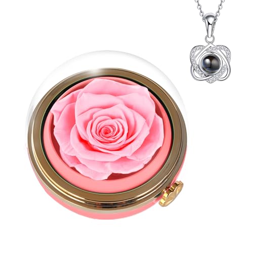 Preserved Real Rose with Heart Necklace , Eternal Flowers Gifts for Women, I Love You Gifts for Mom Wife Grandma Girlfriend, Christmas Valentines Mothers Day Anniversary Birthday Gifts Ideas (pink)