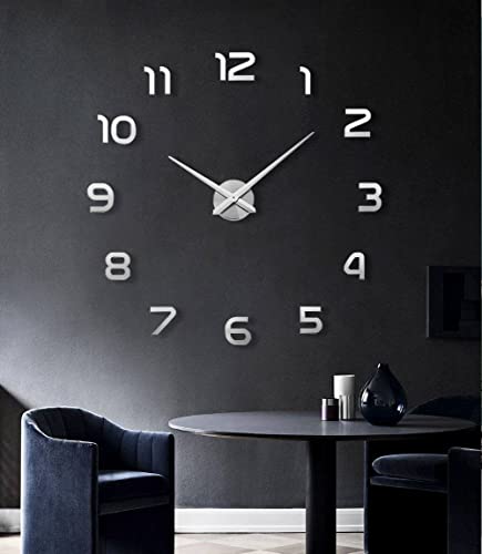 Image of Large DIY Wall Clock, 3D Mirror Number Stickers Large Wall Clock Kit Mute Frameless Modern Design for Home Living Room Bedroom Office Decoration-Silver