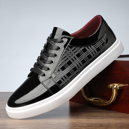 Santimon Men's Patent Leather Sneakers Lace-Up Geometric Design Flat Casual Shoes3