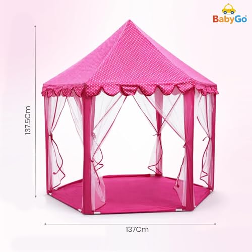 Image of BabyGo Kids Prince Princess Castle Theme Play Tent with Mosquito Net Design for Kids (Pink) (140cm x 135cm x 70cm)
