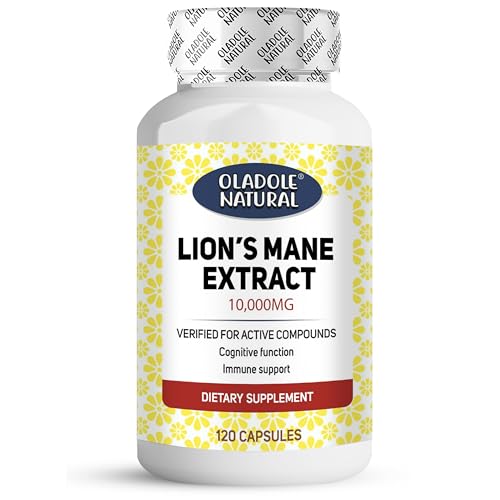 Oladole Natural Lions Mane Extract 10 000 mcg - 120 Capsules | Verified for Active Compounds | Supports Cognitive Function Memory Focus and Immune Health | Natural Brain Booster