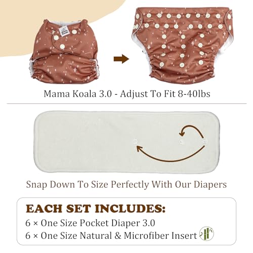 Mama Koala 3.0 Cloth Diapers for Babies with AWJ Lining, 6 Pack with 6 Natural Cloth Diaper Inserts - Reusable and Washable Pocket Diapers (Light Lavender)