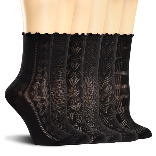 Acymztu Womens Ruffle Socks Casual Lace Cotton Crew Thin Black Frilly Cute Ankle Socks for Woman 6 Pairs