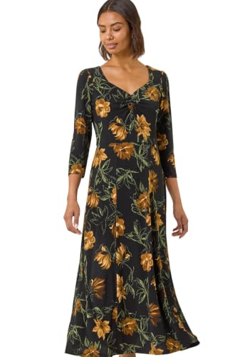 Image of Roman Abstract Animal Print Ruched Midi Dress for Women UK - Ladies Autumn Everyday Winter Holiday Sweetheart Neckline Comfy 3/4 Sleeve Soft Frock Jersey Gowns - Floral Yellow - Size 12
