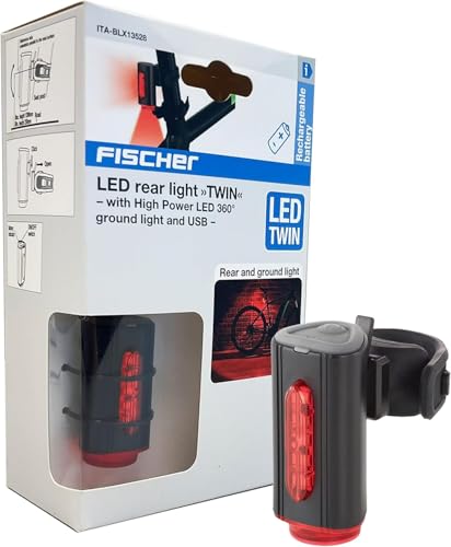Fischer Twin LED 360° Rear Bike Light USB Rechargeable with Lithium Polymer, Waterproof IPX44, Enhanced Safety Cycling, Full Charge in 3 Hours, Low Battery Indicator