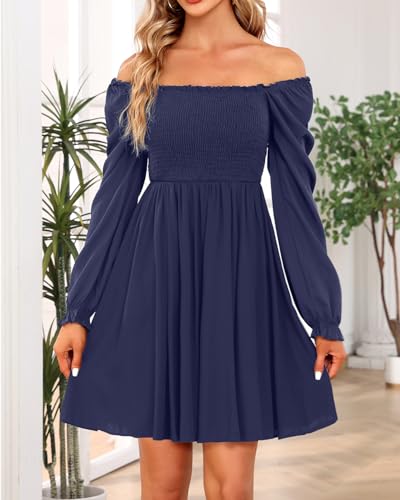 Image of Holipick Women's Casual Square Neck Smocked Dress Shirred Ruffle Puff Sleeve High Waist Cute Flowy A-Line Short Dress