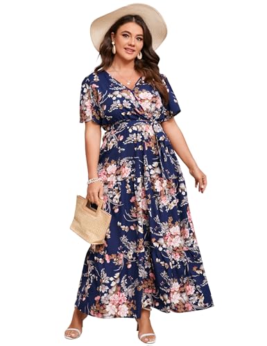 KOJOOIN Women Plus Size V Neck Wrap Maxi Dress Short Sleeves High Waist Ruffle Summer Casual Dress with Belt