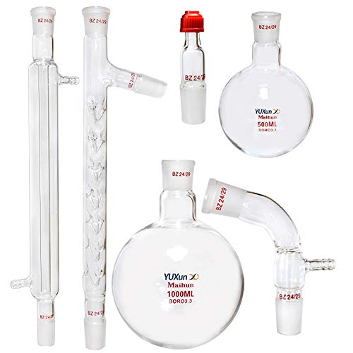 Glass Distillation Apparatus Essential Oil Distillation with Double Condenser 1000ml&500ml Flasks Distilling Adapters Laboratory Chemistry Glassware Kits