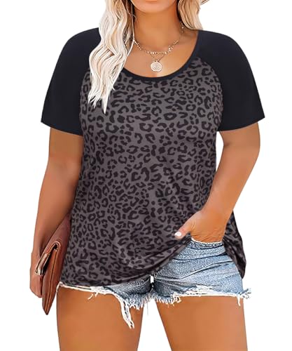 Image of CARCOS Plus Size Tops for Women Short Sleeve Raglan Striped Tee Color Block Crewneck /V Neck Tunic Loose Fit Summer XL-5XL