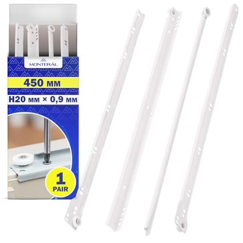 1 Coppia Guide per Cassetti 450 mm H 20 x 0,9 mm - Bianchi Guide Cassetti Scorrevoli Hanno Un'estensione Parziale di 363 mm - Garanzia di 10 Anni - MONTERAL