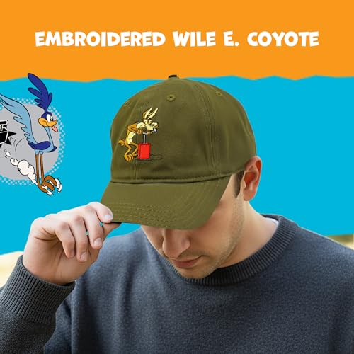 Image of Looney Tunes Baseball Cap, Wile E. Coyote and Road Runner Adult Adjustable Cotton Dad Hat with Curved Brim for Men and Women, Olive, One Size