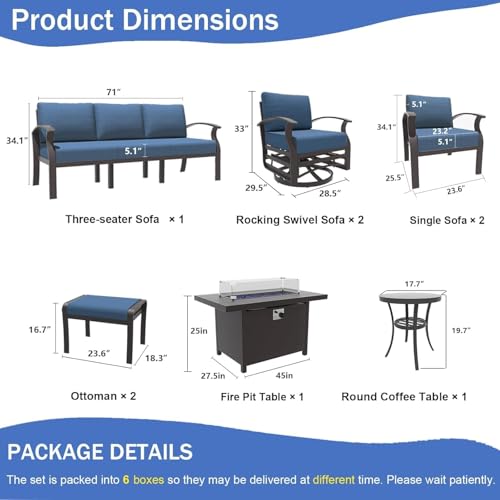 Image of Aluminum Patio Furniture Set with Fire Pit Table, 9 Seats Outdoor Patio Conversation Sets with Swivel Chair Modern Metal Sectional Sofa with Upgrade Cushions for Patio, Backyard - Blue