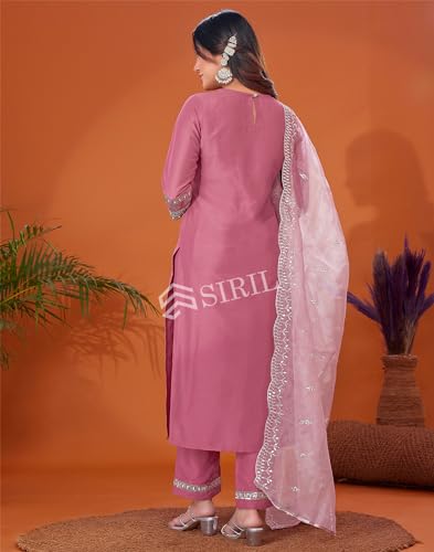 Image of SIRIL Women's Cotton Blend Sequence Embroidery Straight Kurta Pant with Dupatta Set