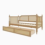 RuiSiSi Twin Rattan Daybed with Storage Drawers, Traditional Style Wood Bed Frame, Twin Boho Corner Bed for Living Room Guest Room Bedroom, No Box Spring Needed, Antique Walnut
