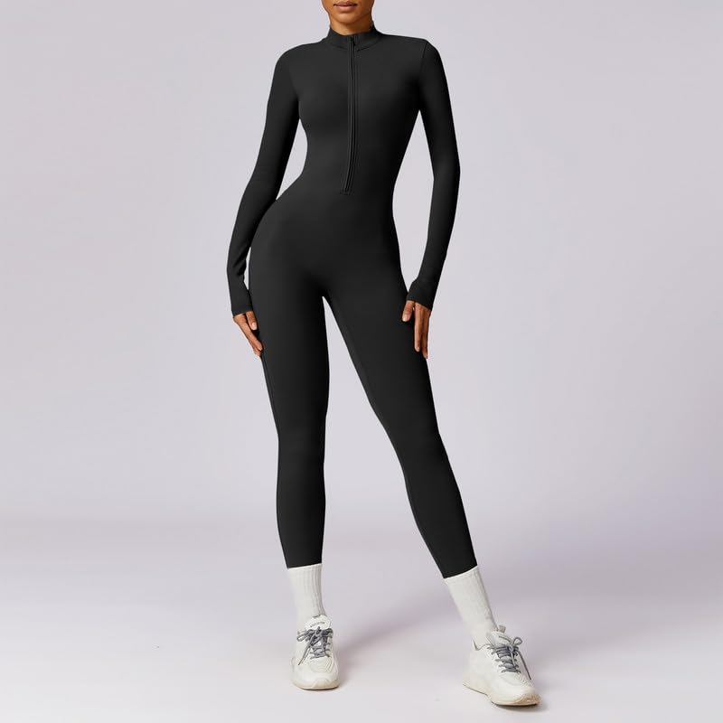 Litthing Femme Combinaison de Sport, Sexy Tirette Long Moulante Vetement Bodysuit Manches Longues Body Yoga Élastique Skinny d'entraînement Bodycon Une Pièce