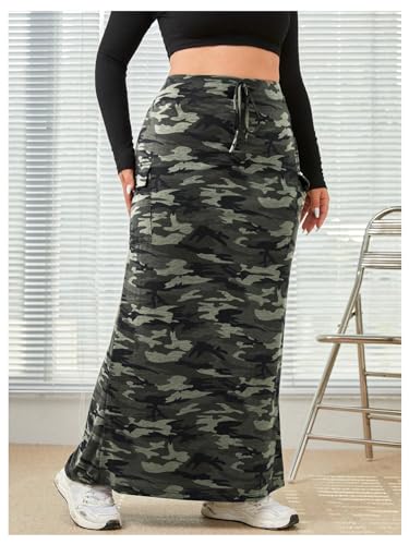 Verdusa Women's Plus Size Casual Drawstring High Waist Camo Print Bodycon Long Skirt3