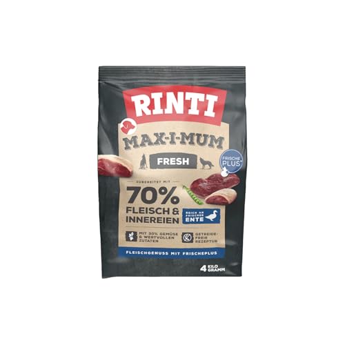 RINTI - Max-i-Mum | Trockenfutter für ausgewachsene Hunde mit 70% Fleisch & Innereien. Getreidefreies Alleinfutter im Beutel mit ausgewogenem Protein-/Fett-Verhältnis | 2x4kg Ente