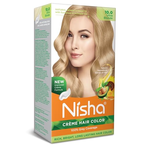 Nisha Creme Hair Color, Permanent Hair Colour Ultra Blonde, Silky & Shiny 100% Grey Coverage & Ammonia Free Color With Natural Henna Extract, 60G+60Ml