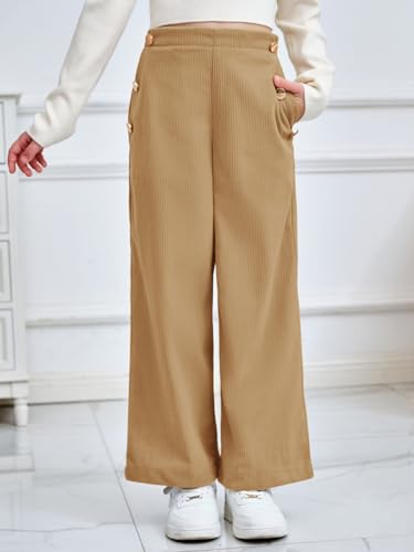 Image of Haloumoning Girls Wide Leg Corduroy Pants Kids Elastic Waist Gold Button Trousers with Pockets 5-14 Years
