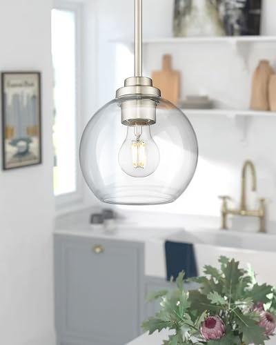 Jazava PL101BN Globe Pendant Light Fixture, Modern Brushed Nickel Hanging Light With Clear Glass For Kitchen Island Dining Room Bedroom Hallway Foyer thumb #6