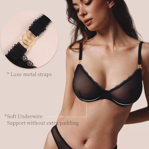 Soutien-gorge transparent luxe en dentelle noire à armatures et coupe pigeonnante L